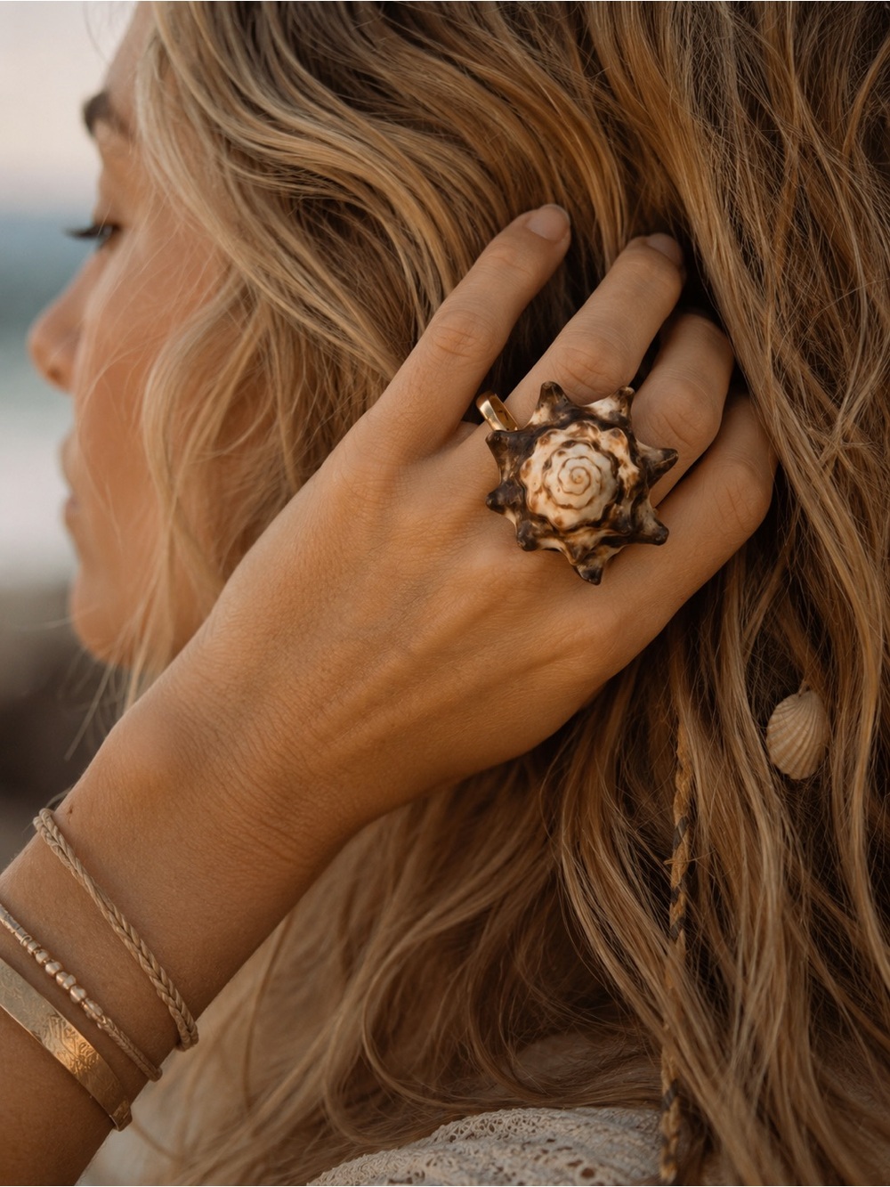 Beach Shell Statement Ring - Natural Brown Gold Tone